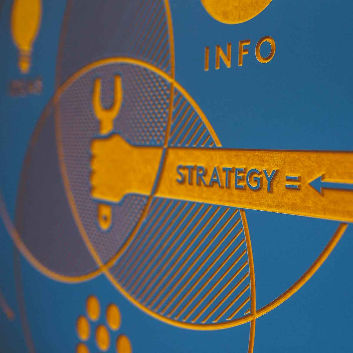 Orange artwork of arm holding wrench with he words "Strategy" on the arm