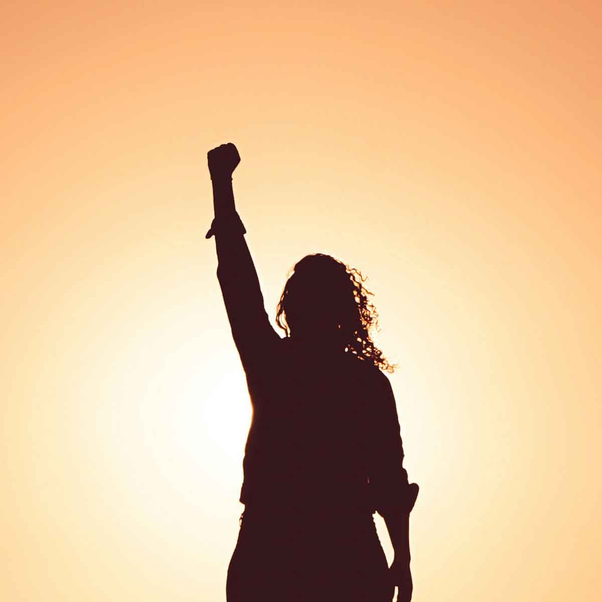 Silhouette of woman with fist in the air at dusk.